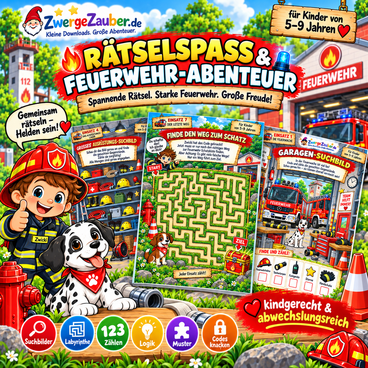 Abwechslungsreiche Feuerwehr-Rätsel für Kinder mit Suchbildern, Labyrinthen, Zahlen, Logik, Mustern und geheimen Codes