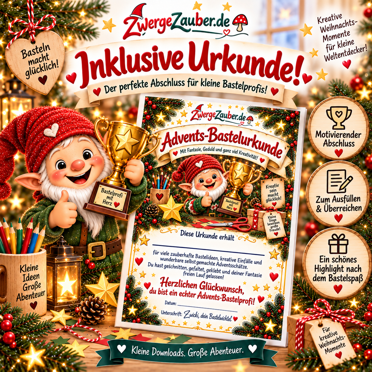 Festliche Advents-Bastelurkunde von ZwergeZauber mit Wichtel Zwicki und goldenem Pokal zum Ausfüllen und Überreichen.