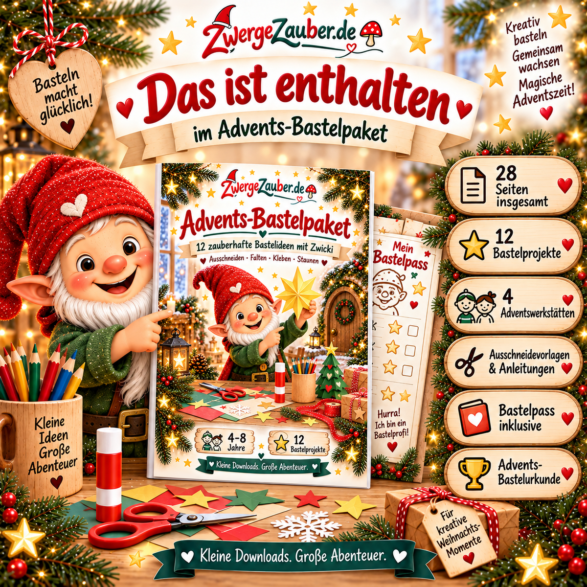 Inhalt des Advents-Bastelpakets von ZwergeZauber: 12 Bastelprojekte, vier Adventswerkstätten, Bastelpass und Urkunde.