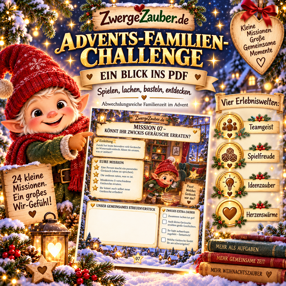 Illustrierter Einblick in die Advents-Familien-Challenge mit Zwicki und den Erlebniswelten Teamgeist, Spielfreude, Ideenzauber und Herzenswärme.