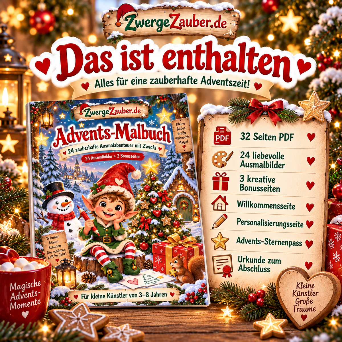 Das ist enthalten im ZwergeZauber Advents-Malbuch: 24 Ausmalbilder, 3 Bonusseiten, Advents-Sternenpass und Abschlussurkunde als PDF.