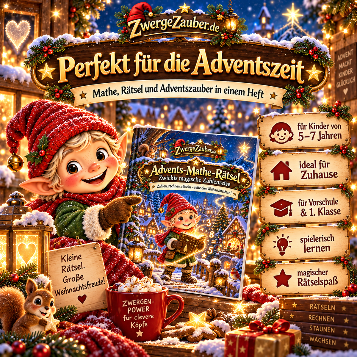 Inhaltsübersicht zum Advents-Mathe-Rätsel: 32 PDF-Seiten mit 24 Rätselseiten, sechs Adventswelten, Mathe-Pass, Finale, Urkunde und Lösungen.