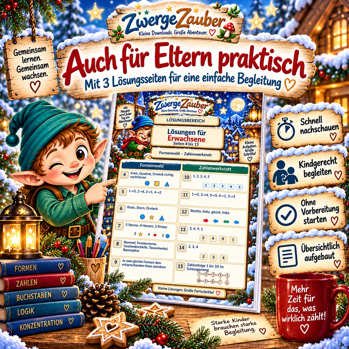 Drei übersichtliche Lösungsseiten für Eltern im Advents-Vorschulheft von ZwergeZauber zur einfachen Begleitung der Lernaufgaben.