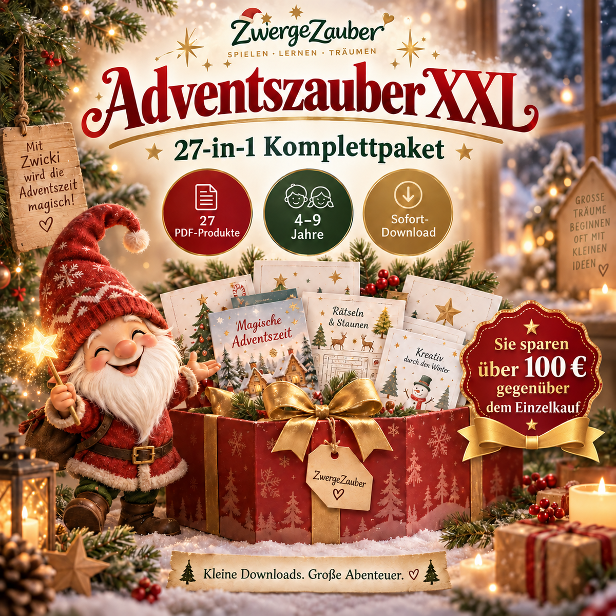 Adventszauber XXL von ZwergeZauber mit 27 PDF-Produkten, Wichtel Zwicki und über 100 Euro Ersparnis gegenüber dem Einzelkauf.