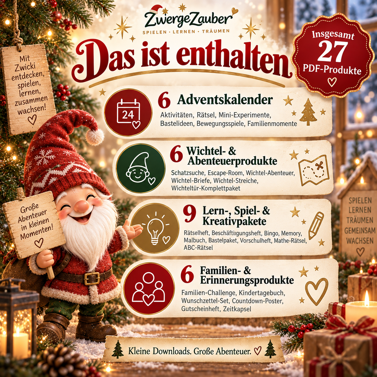 Übersicht der 27 Adventszauber-XXL-PDF-Produkte mit sechs Adventskalendern, sechs Wichtel- und Abenteuerpaketen, neun Lern- und Kreativpaketen sowie sechs Familienprodukten.