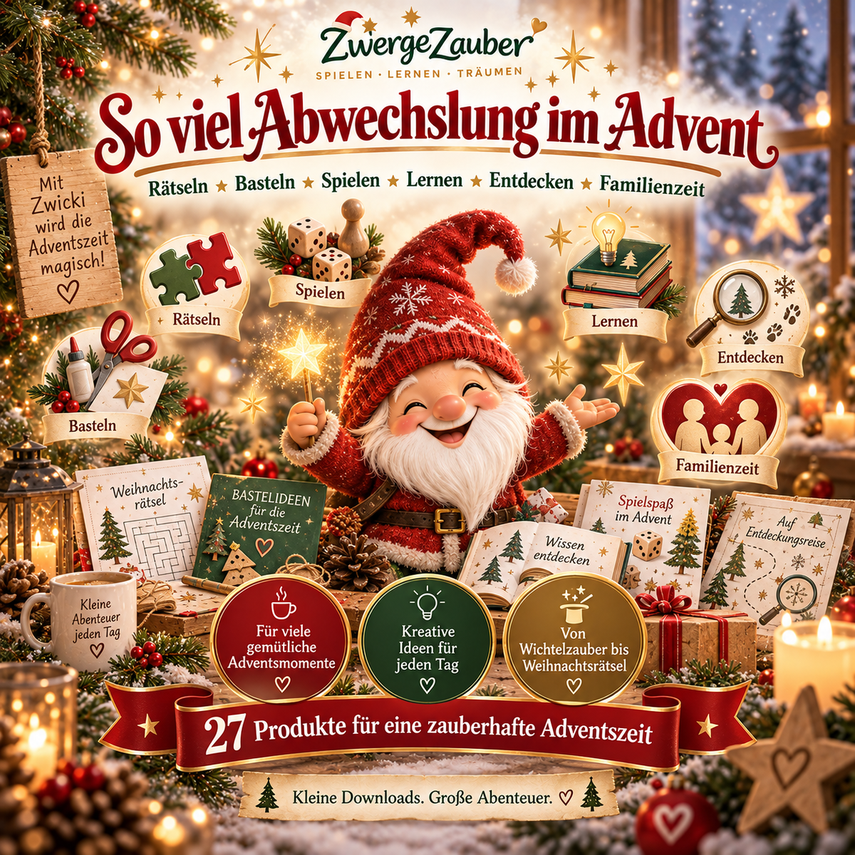 Wichtel Zwicki zeigt die vielfältigen Adventsaktivitäten des ZwergeZauber-Komplettpakets: Rätseln, Basteln, Spielen, Lernen, Entdecken und gemeinsame Familienzeit.