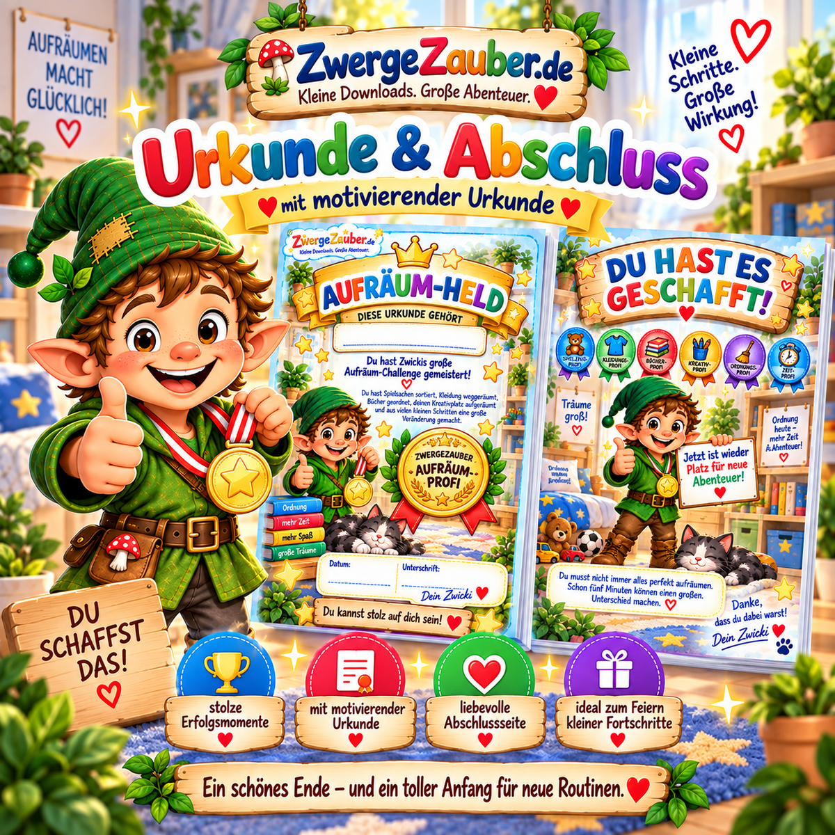 Aufräum-Held Urkunde und Abschlussseite der ZwergeZauber Aufräum-Challenge mit goldener Aufräum-Profi-Medaille für Kinder