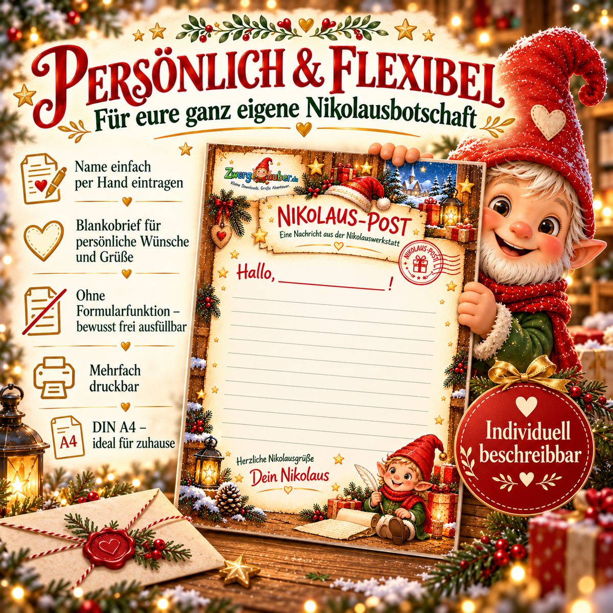 Nikolauspost persönlich gestalten: Name handschriftlich eintragen, eigene Grüße auf den Blankobrief schreiben und DIN-A4-PDF beliebig oft drucken.