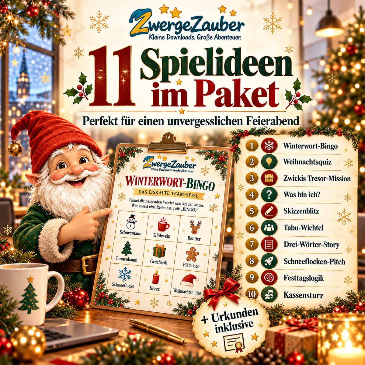 Zwicki präsentiert die 11 Büro-Weihnachtsfeier-Spiele mit Winterwort-Bingo, Weihnachtsquiz, Tresor-Mission, Skizzenblitz und weiteren Teamaufgaben.
