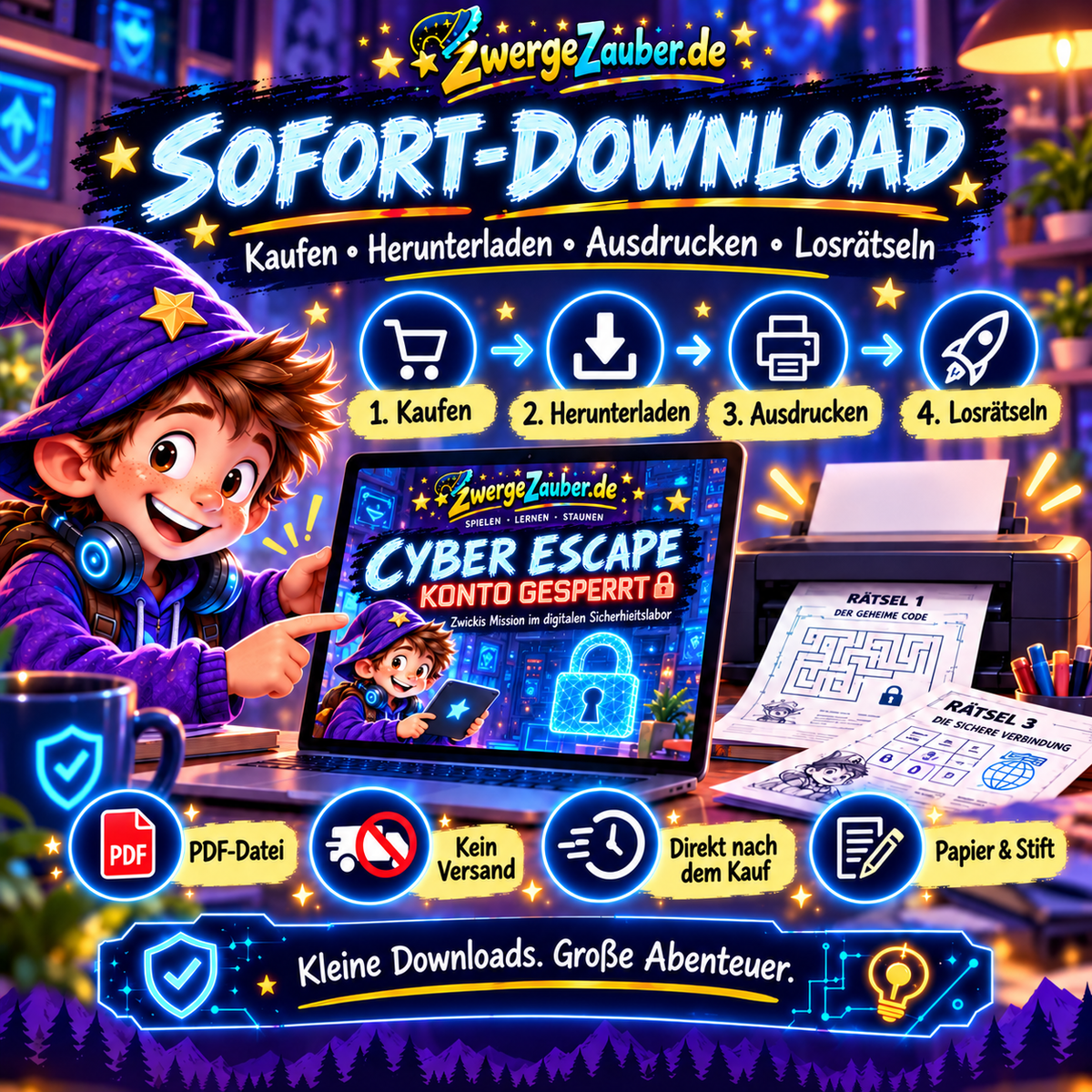 Cyber Escape als digitalen PDF-Download kaufen, herunterladen, ausdrucken und sofort losrätseln – ohne Versand, mit Papier und Stift.