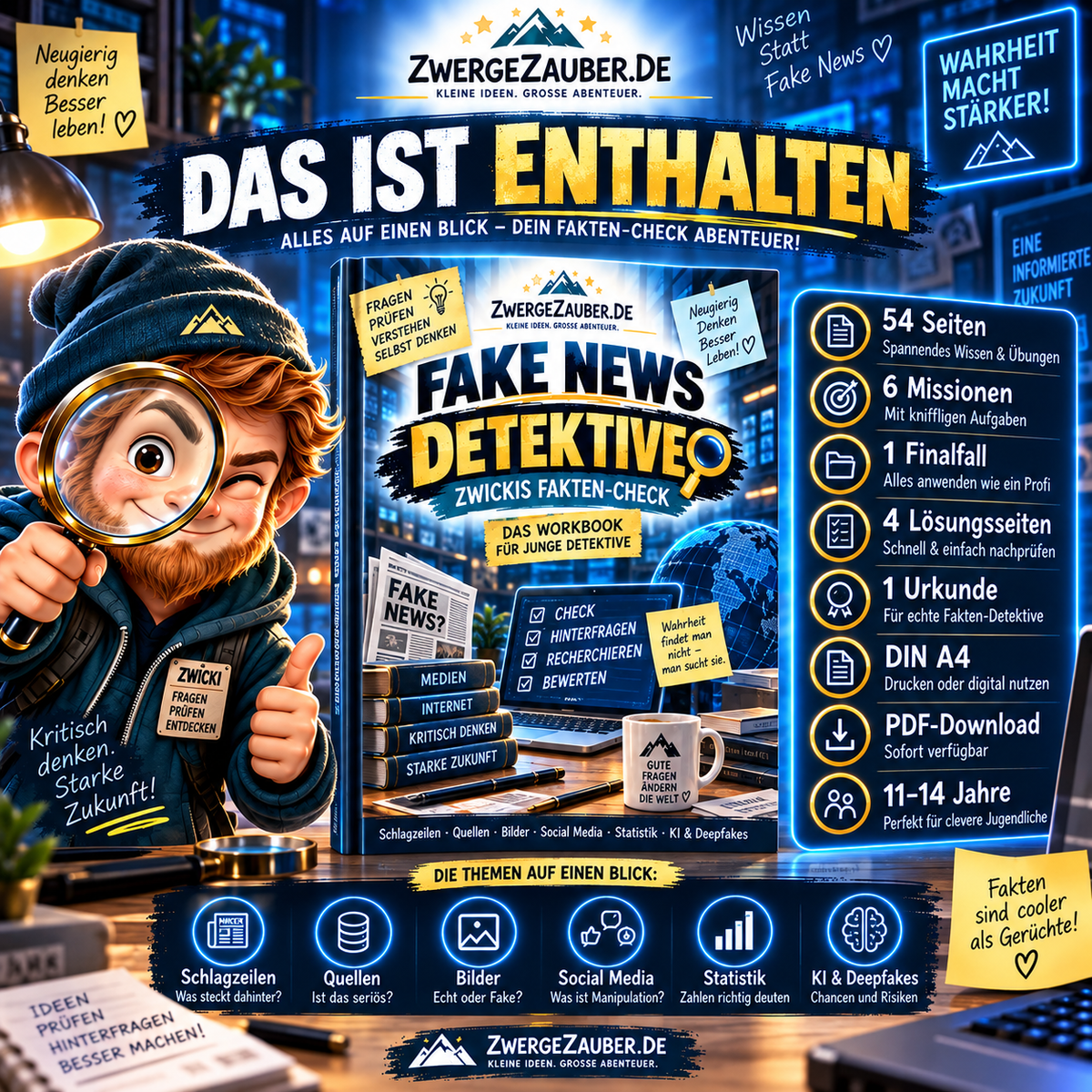 Das ist enthalten: 54 Seiten, 6 Missionen, ein Finalfall, Lösungen und Urkunde bei Fake News Detektive.