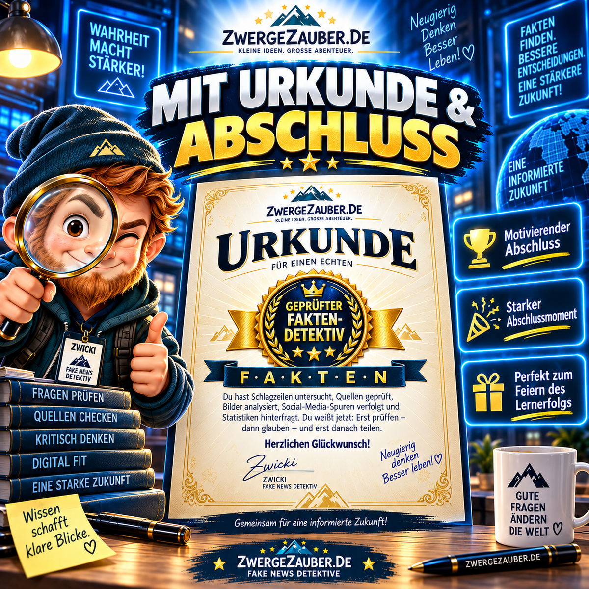Premium-Abschlussurkunde Geprüfter Fakten-Detektiv mit goldenem Siegel und dem Geheimcode FAKTEN.