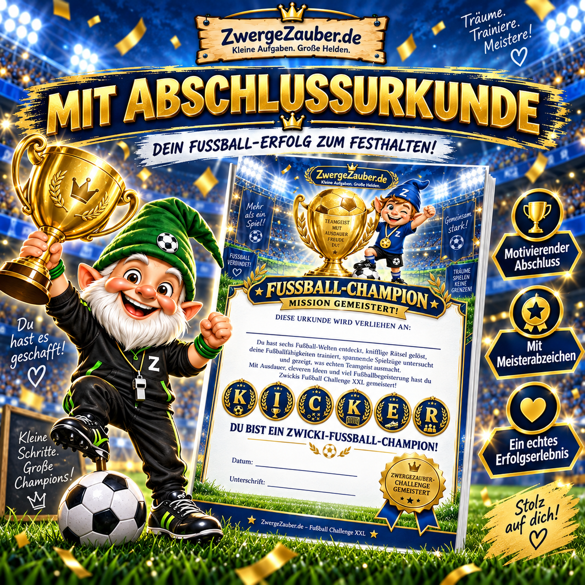 Fußball Challenge XXL mit personalisierbarer Abschlussurkunde, goldenem Pokal, Meisterabzeichen und jubelndem Zwicki.