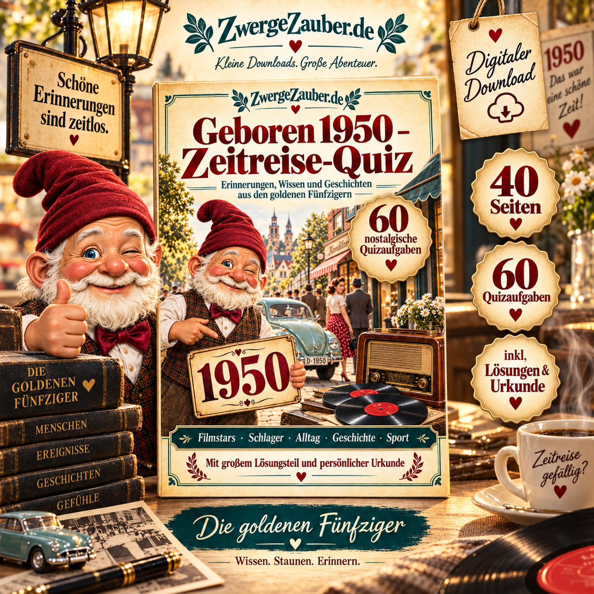 Geboren 1950 – Zeitreise-Quiz von ZwergeZauber mit Zwicki, nostalgischem Titelbild und 60 Quizaufgaben über die 1950er-Jahre.