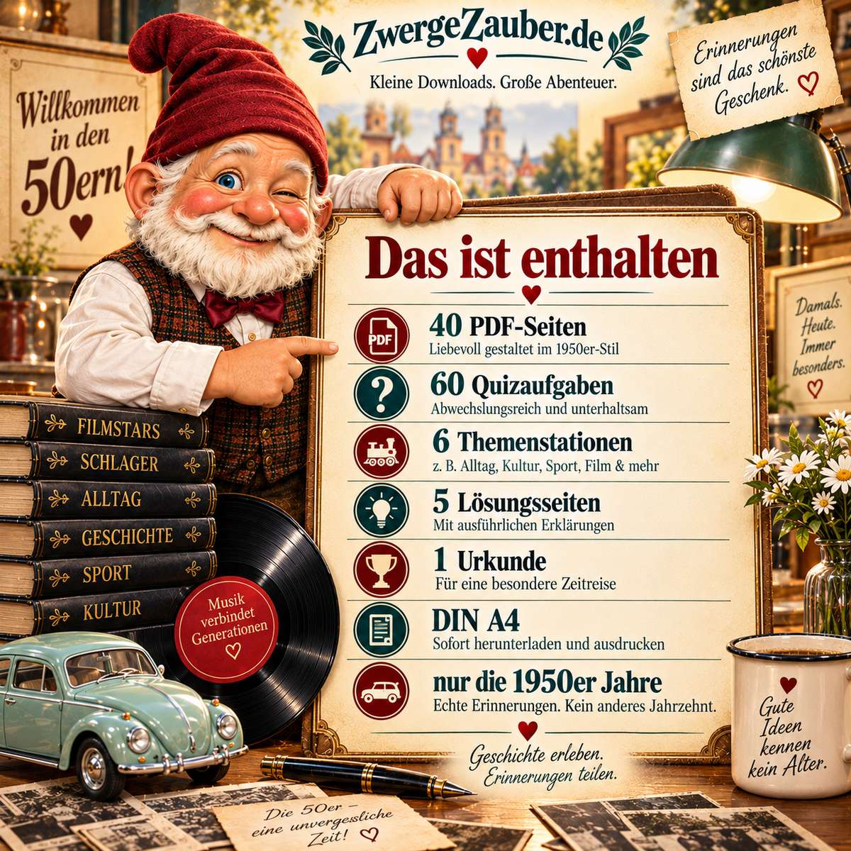 Zwicki präsentiert den Inhalt des Zeitreise-Quiz für den Jahrgang 1950 mit 40 PDF-Seiten, 60 Quizaufgaben, sechs Themenstationen und Urkunde.