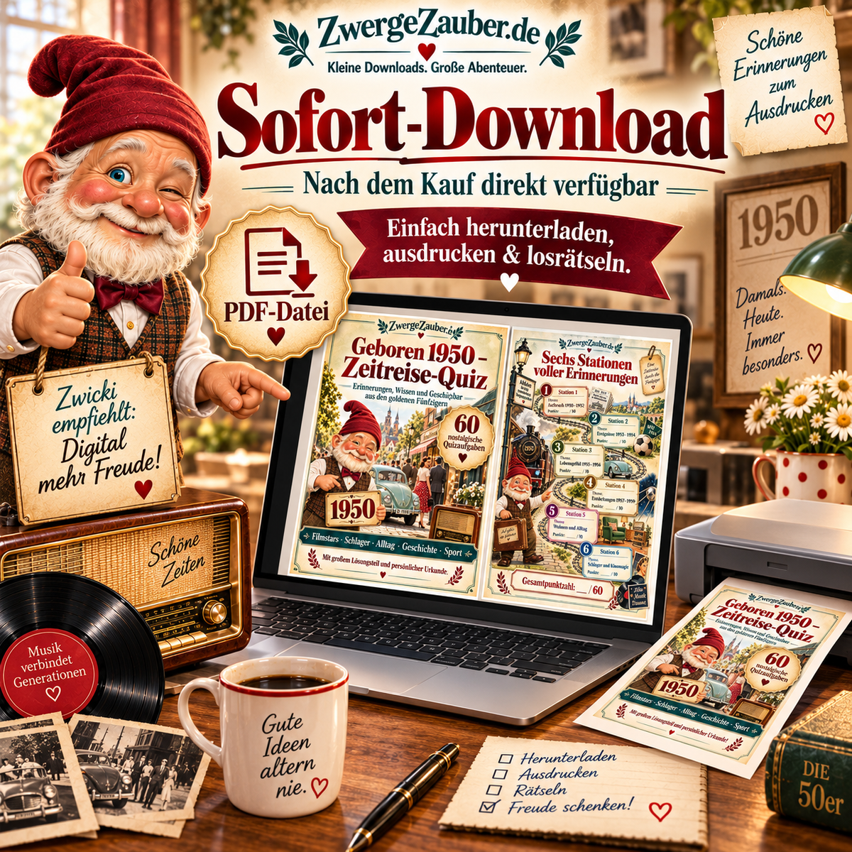 Digitaler Sofort-Download des Geboren-1950-Zeitreise-Quiz als ausdruckbare PDF mit 40 Seiten, Laptop, Drucker und Zwicki.