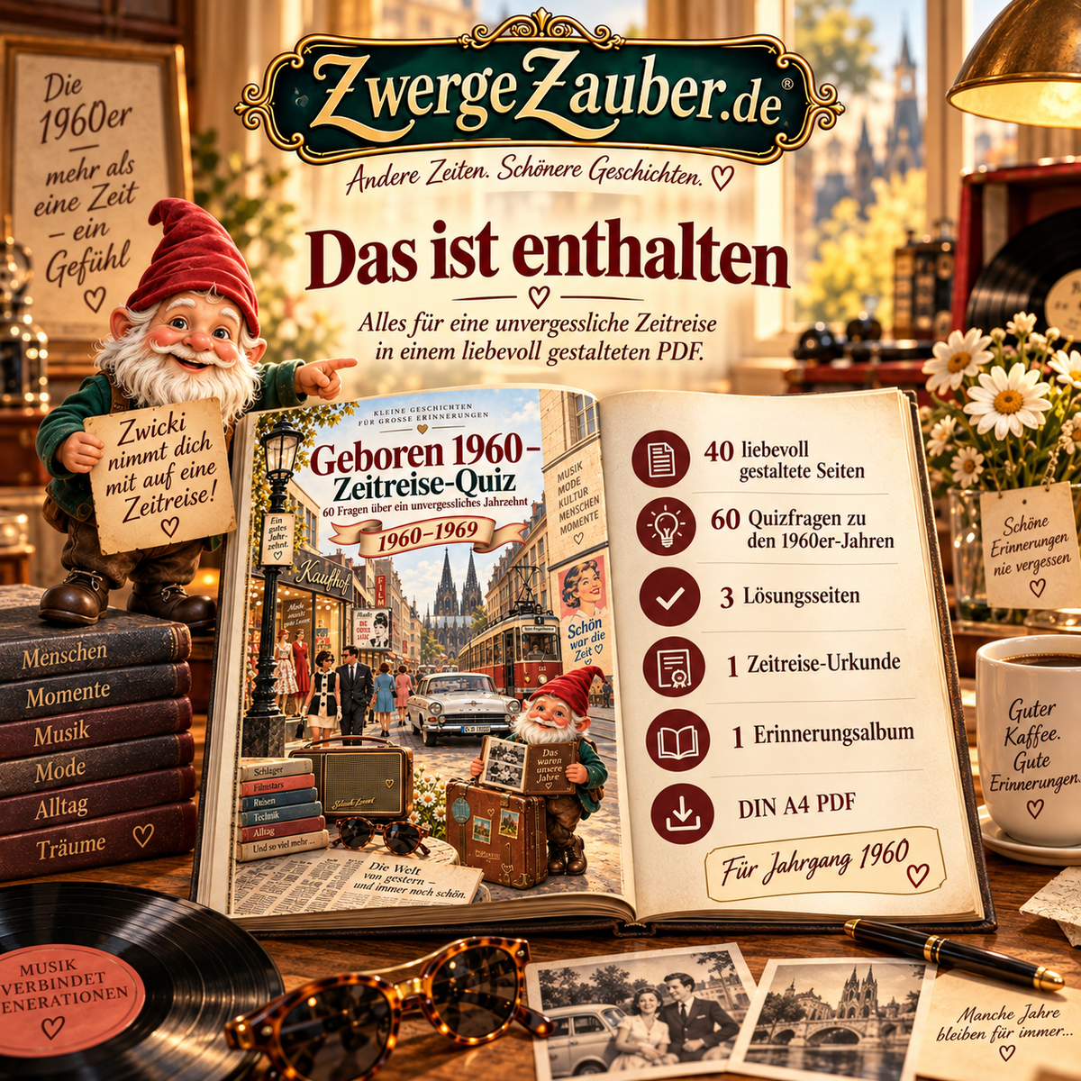 Inhalt des Geboren 1960 Zeitreise-Quiz: 40 PDF-Seiten mit 60 Fragen zu den 1960er-Jahren, drei Lösungsseiten, Urkunde und Erinnerungsalbum.
