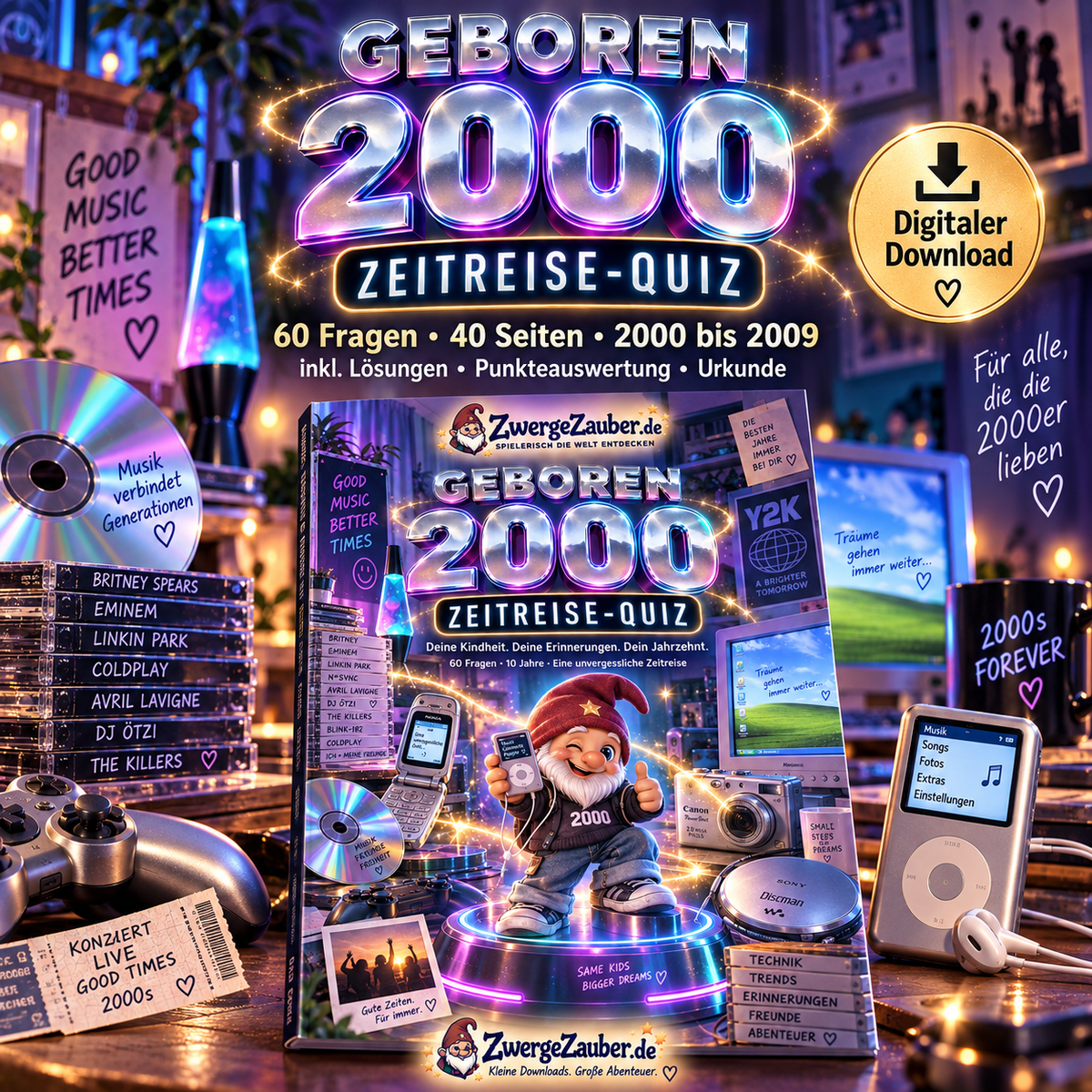 Geboren 2000 – Zeitreise-Quiz von ZwergeZauber mit 40 Seiten, 60 Fragen und Retro-Technik der 2000er Jahre.