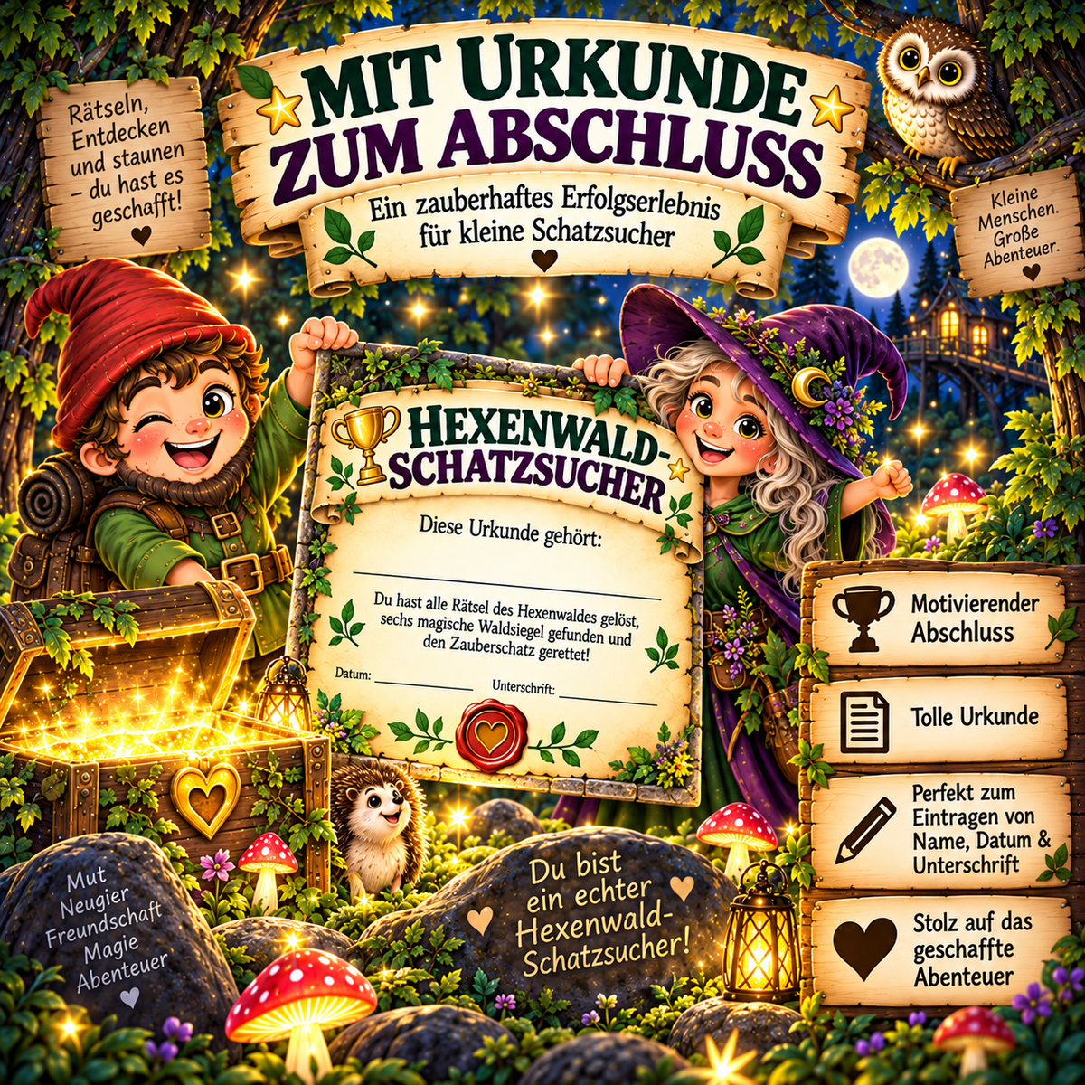 Hexenwald-Schatzsucher Urkunde zum Abschluss des ZwergeZauber Rätselabenteuers mit Zwicki und Hexe Flimma