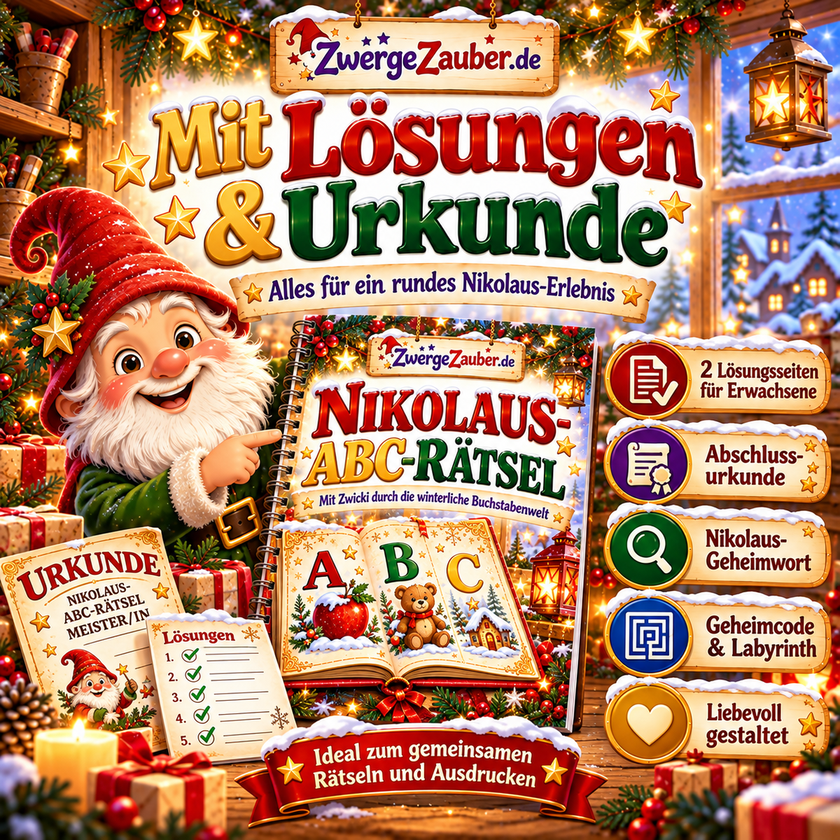 Nikolaus-ABC-Rätsel mit Zwicki, zwei Lösungsseiten, Abschlussurkunde, Geheimcode und Nikolaus-Geheimwort.