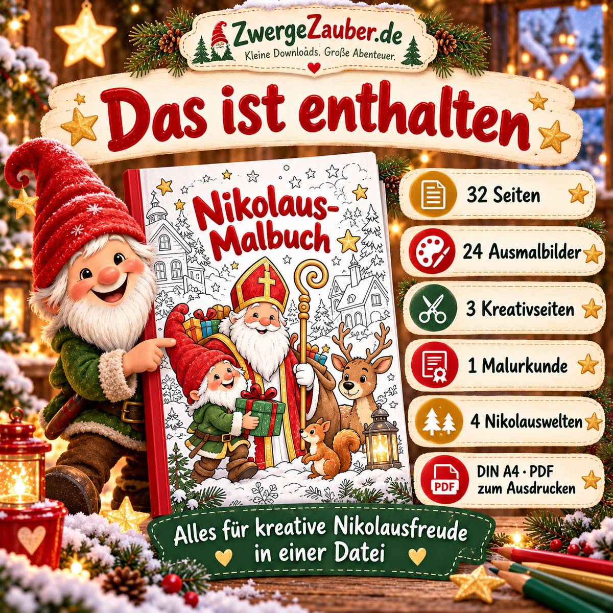 Inhaltsübersicht des Nikolaus-Malbuchs: 24 Ausmalbilder, 3 Kreativseiten, Malurkunde und vier Nikolauswelten.