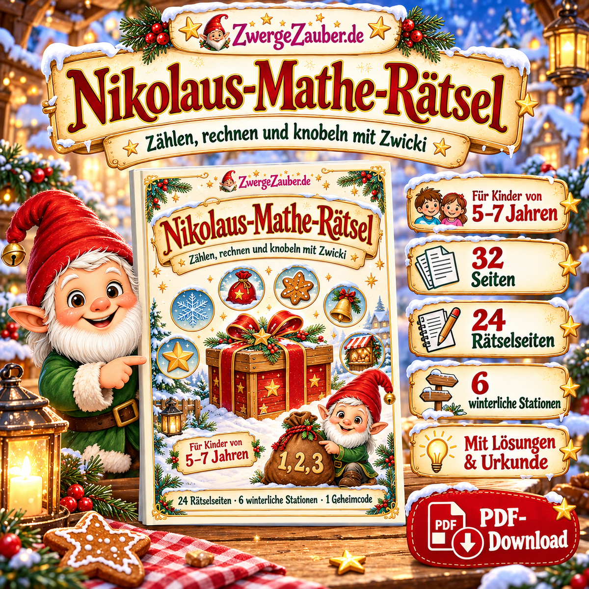 Nikolaus-Mathe-Rätsel als PDF für Kinder von 5 bis 7 Jahren: Zwicki zeigt das winterliche Rätselheft mit 32 Seiten und sechs Stationen.