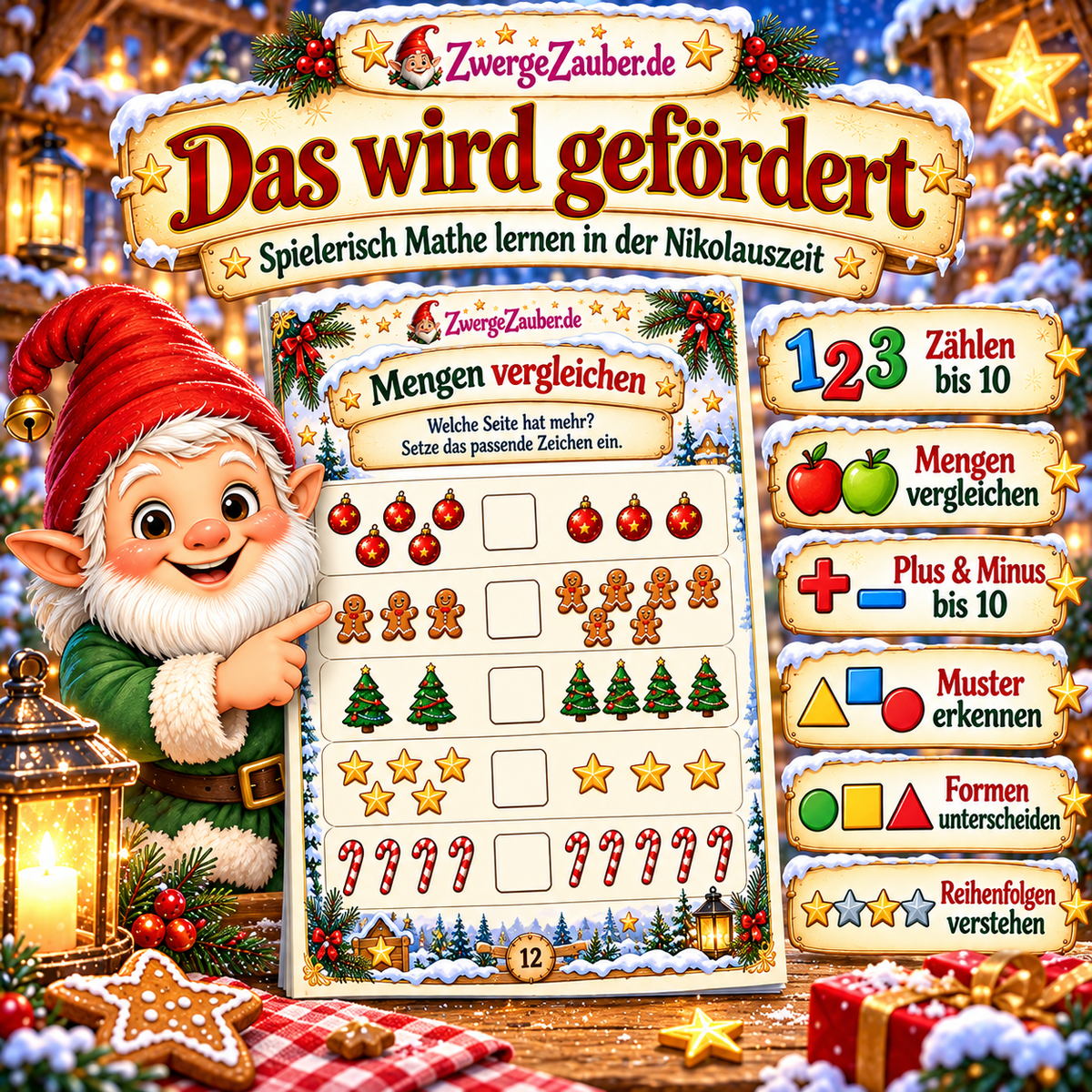 Zwicki erklärt, was das Nikolaus-Mathe-Rätsel fördert: Zählen bis 10, Mengen vergleichen, Plus und Minus, Muster und Formen erkennen.