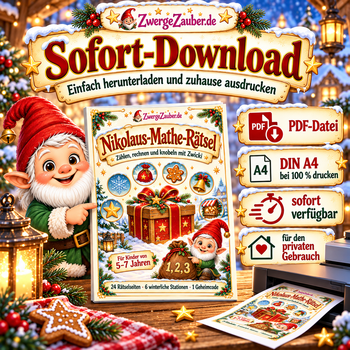 Nikolaus-Mathe-Rätsel als sofort verfügbarer PDF-Download zum Ausdrucken auf DIN A4, mit Zwicki und Hinweis auf private Nutzung.