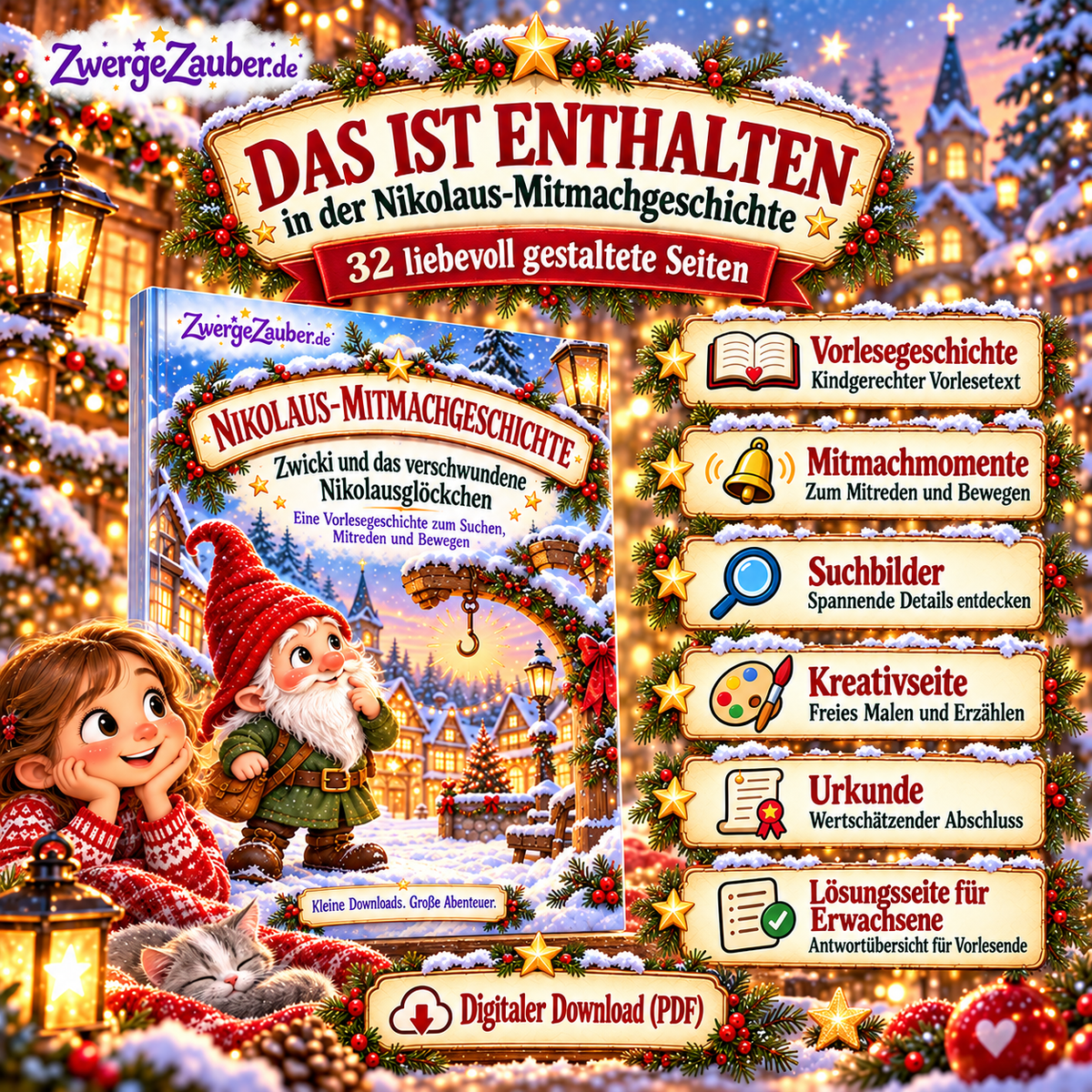 Inhaltsübersicht zur Nikolaus-Mitmachgeschichte mit 32 Seiten, Vorlesegeschichte, Suchbildern, Mitmachmomenten und Urkunde.