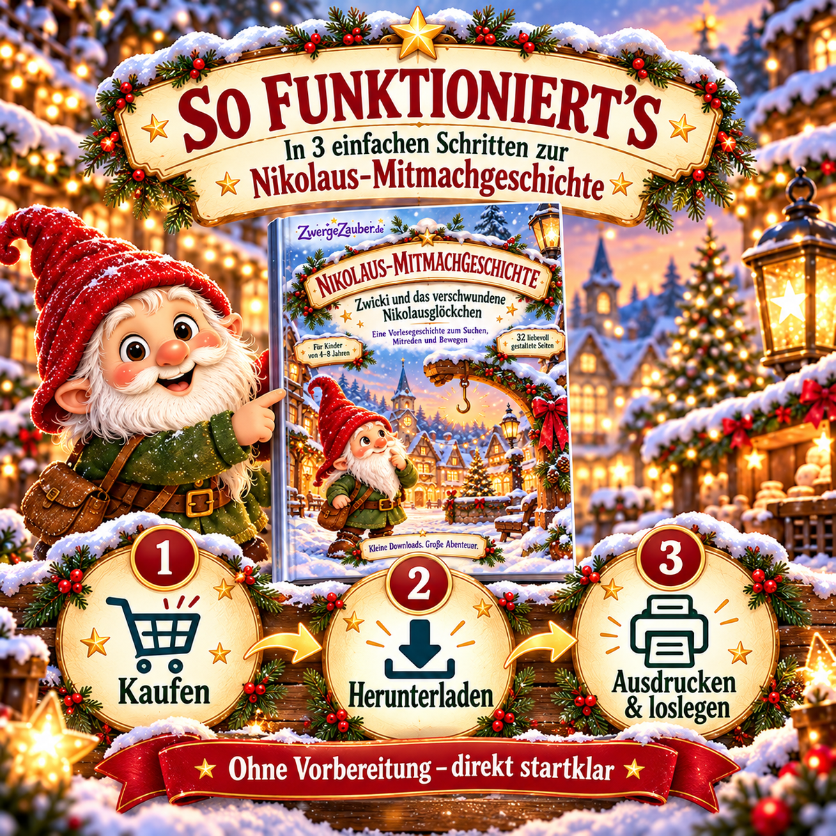 So funktioniert die Nikolaus-Mitmachgeschichte: kaufen, PDF herunterladen, ausdrucken und gemeinsam loslegen.
