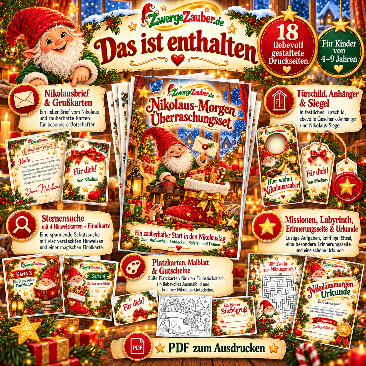 Inhaltsübersicht des Nikolaus-Morgen Überraschungssets mit Brief, Türschild, Anhängern, Sternensuche, Malblatt und Urkunde.