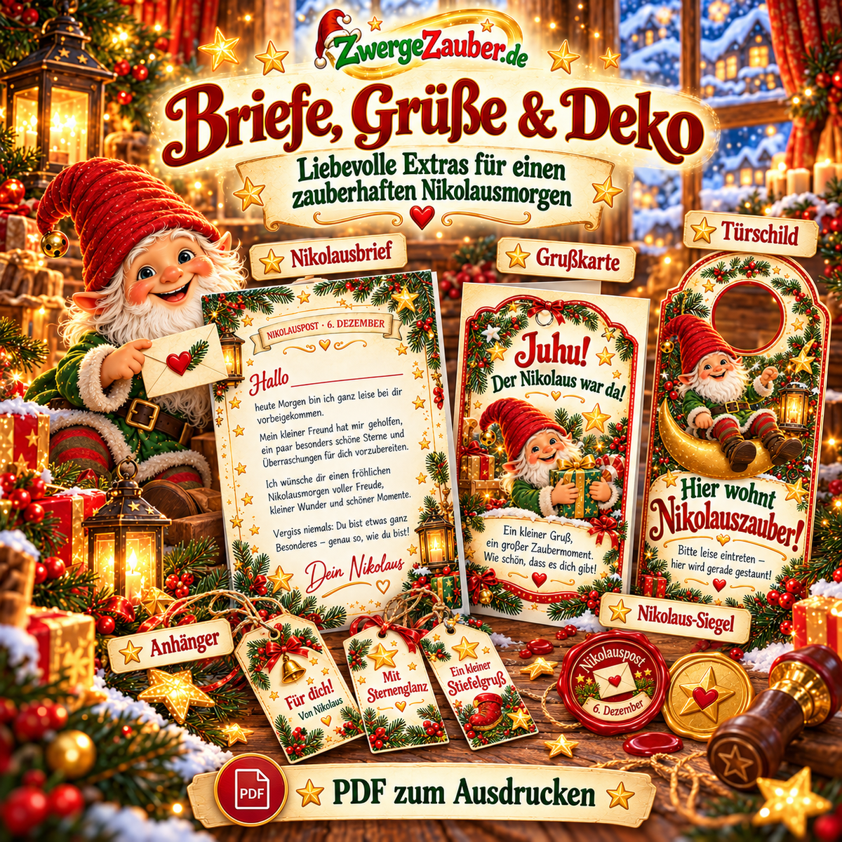 Zwicki präsentiert Nikolausbrief, Grußkarte, Türschild, Geschenkanhänger und Nikolaus-Siegel zum Ausdrucken.