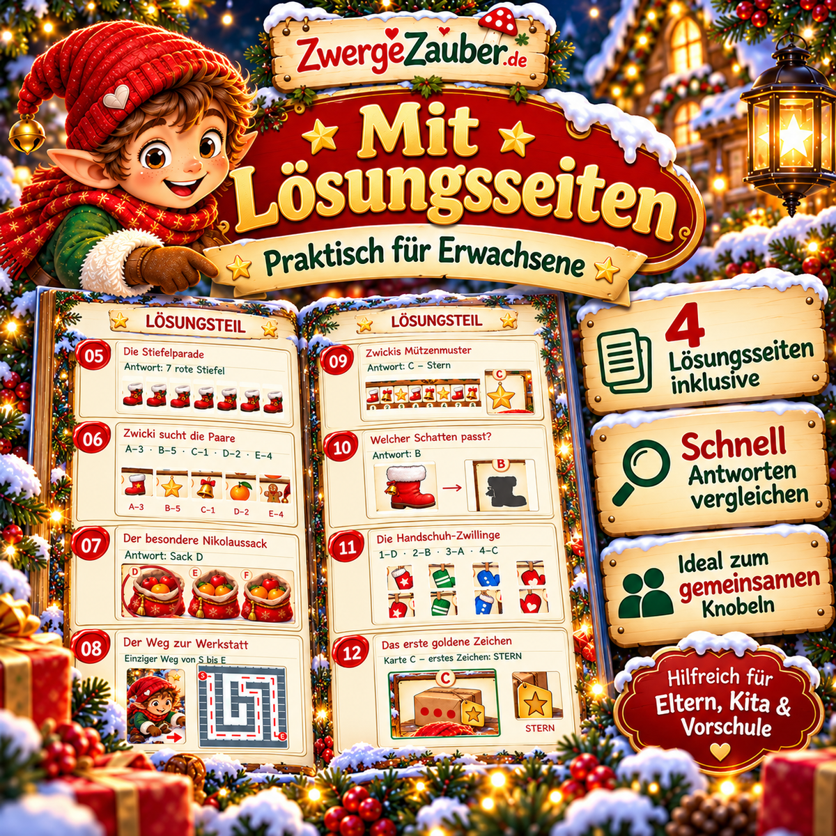 Verkaufsbild mit Einblick in die vier illustrierten Lösungsseiten des Nikolaus-Rätselhefts, zum gemeinsamen Knobeln und Überprüfen.