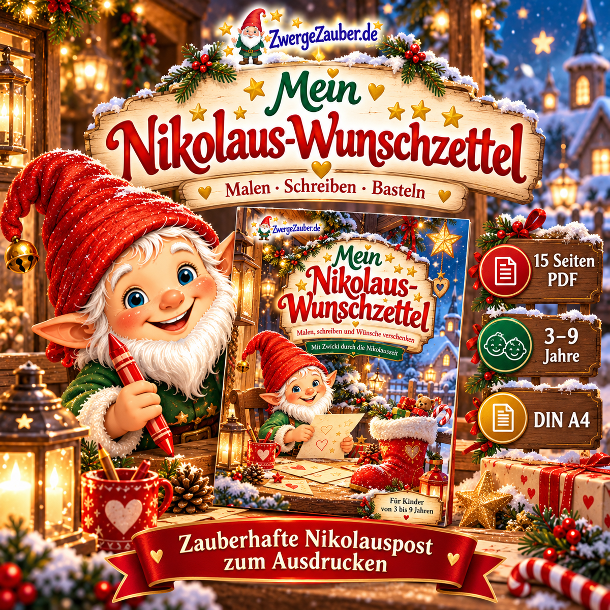 ZwergeZauber Nikolaus-Wunschzettel als PDF: Zwicki mit einem Wunschzettel, 15 DIN-A4-Seiten zum Malen, Schreiben und Basteln für Kinder von 3 bis 9 Jahren.