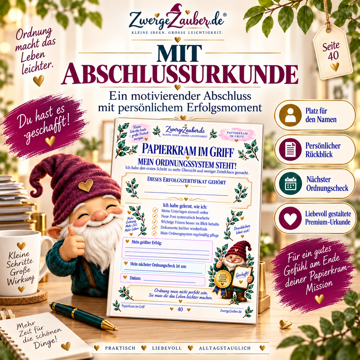 Hochwertige Abschlussurkunde aus dem ZwergeZauber Workbook Papierkram im Griff mit Namensfeld, persönlichem Erfolgsrückblick und Zwicki.