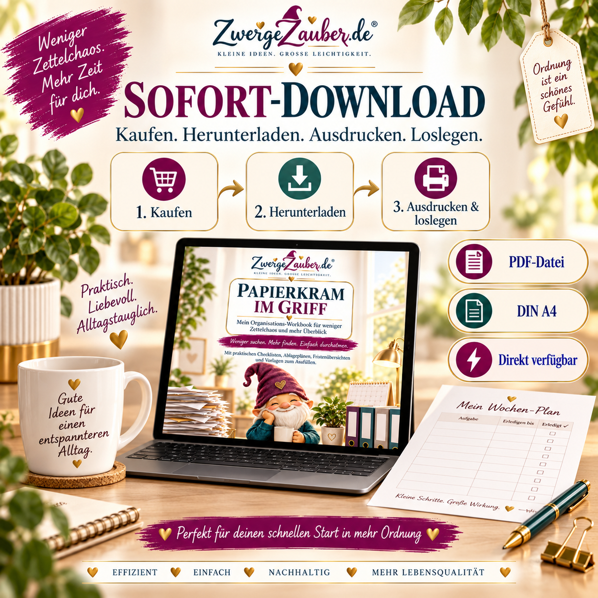 Papierkram im Griff als sofort verfügbarer PDF-Download in DIN A4 – herunterladen, ausdrucken und mit dem Organisieren beginnen.