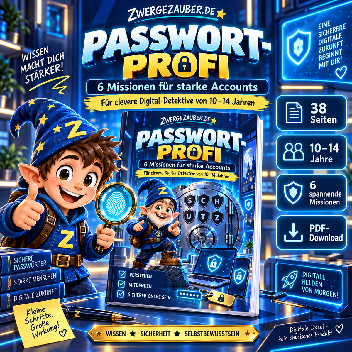 Titelbild des ZwergeZauber Passwort-Profi: Zwicki vor einem Sicherheitstresor, 38-seitiges PDF mit sechs Missionen für Kinder von 10 bis 14 Jahren.