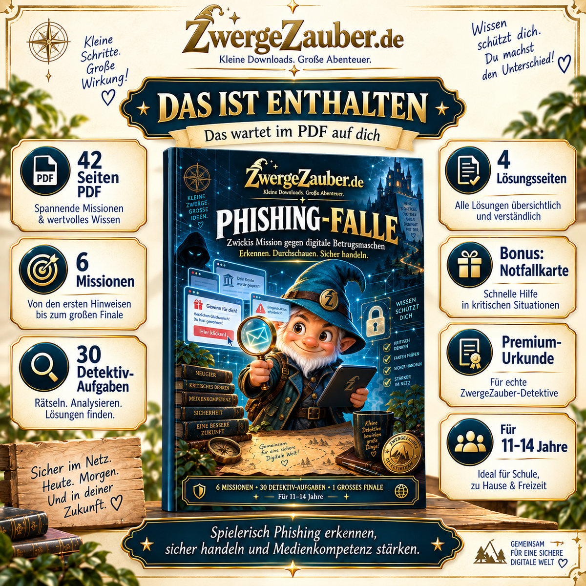 Das ist enthalten im Phishing-Falle PDF: 42 Seiten, sechs Missionen, 30 Detektiv-Aufgaben, vier Lösungsseiten, Notfallkarte und Urkunde für 11–14 Jahre.
