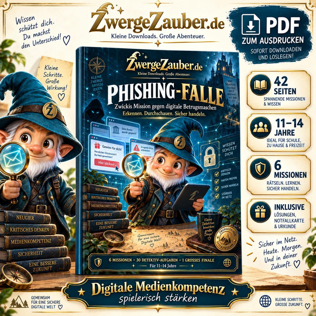 Phishing-Falle von ZwergeZauber – interaktives PDF-Lernabenteuer mit Zwicki für Kinder von 11–14 Jahren, 42 Seiten mit sechs Cyber-Detektiv-Missionen.