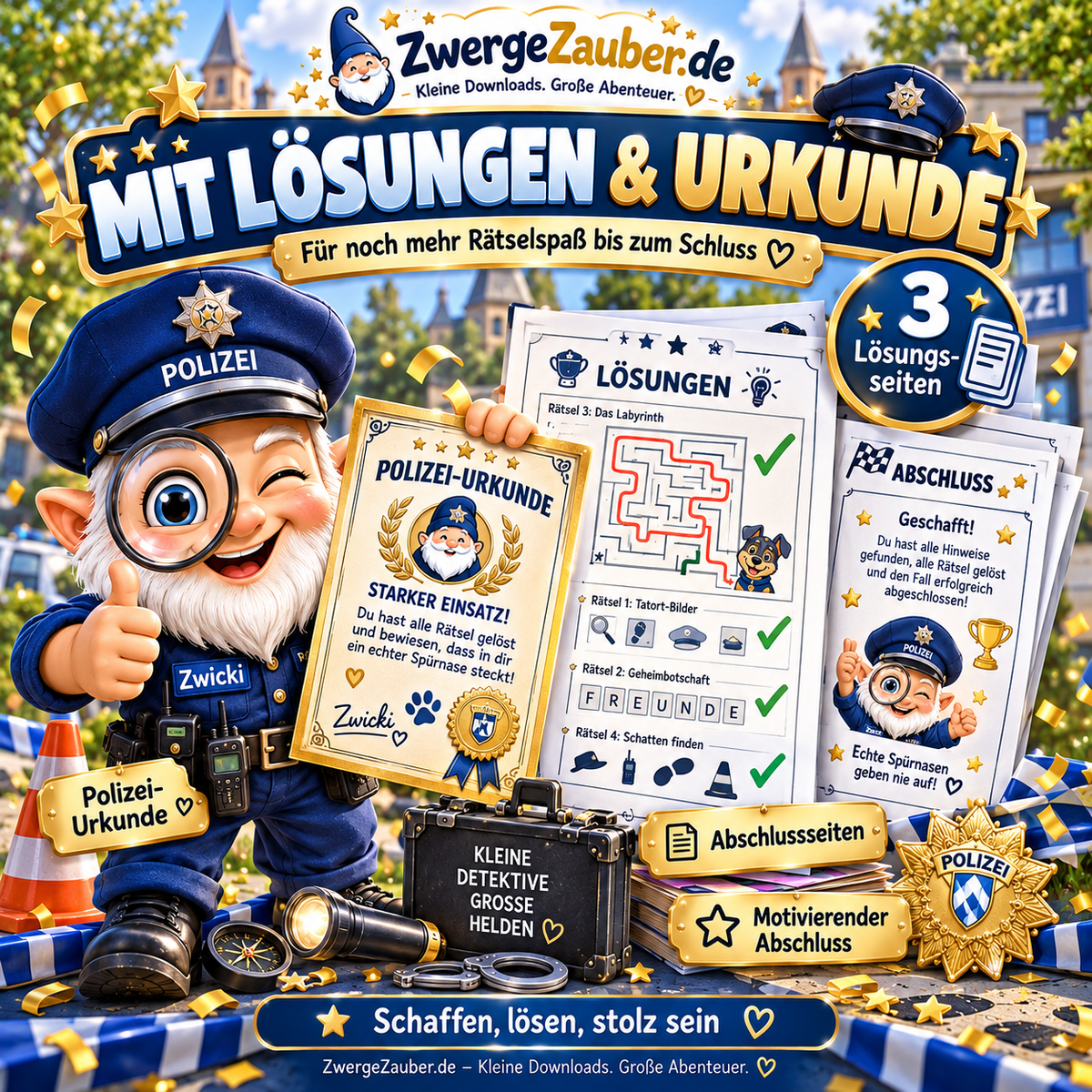 Polizei-Schatzsuche mit drei Lösungsseiten, Urkunde und motivierendem Abschluss für Kinder