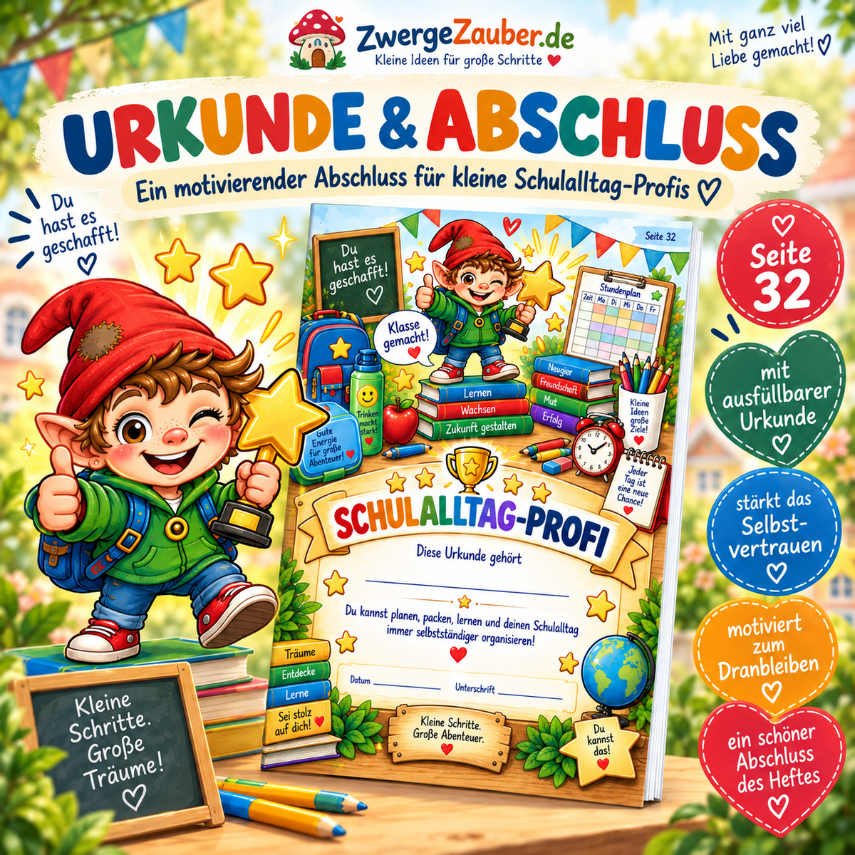 Schulalltag-Profi Urkunde als Abschluss des 32-seitigen ZwergeZauber Schulplaners für Kinder von 5–9 Jahren