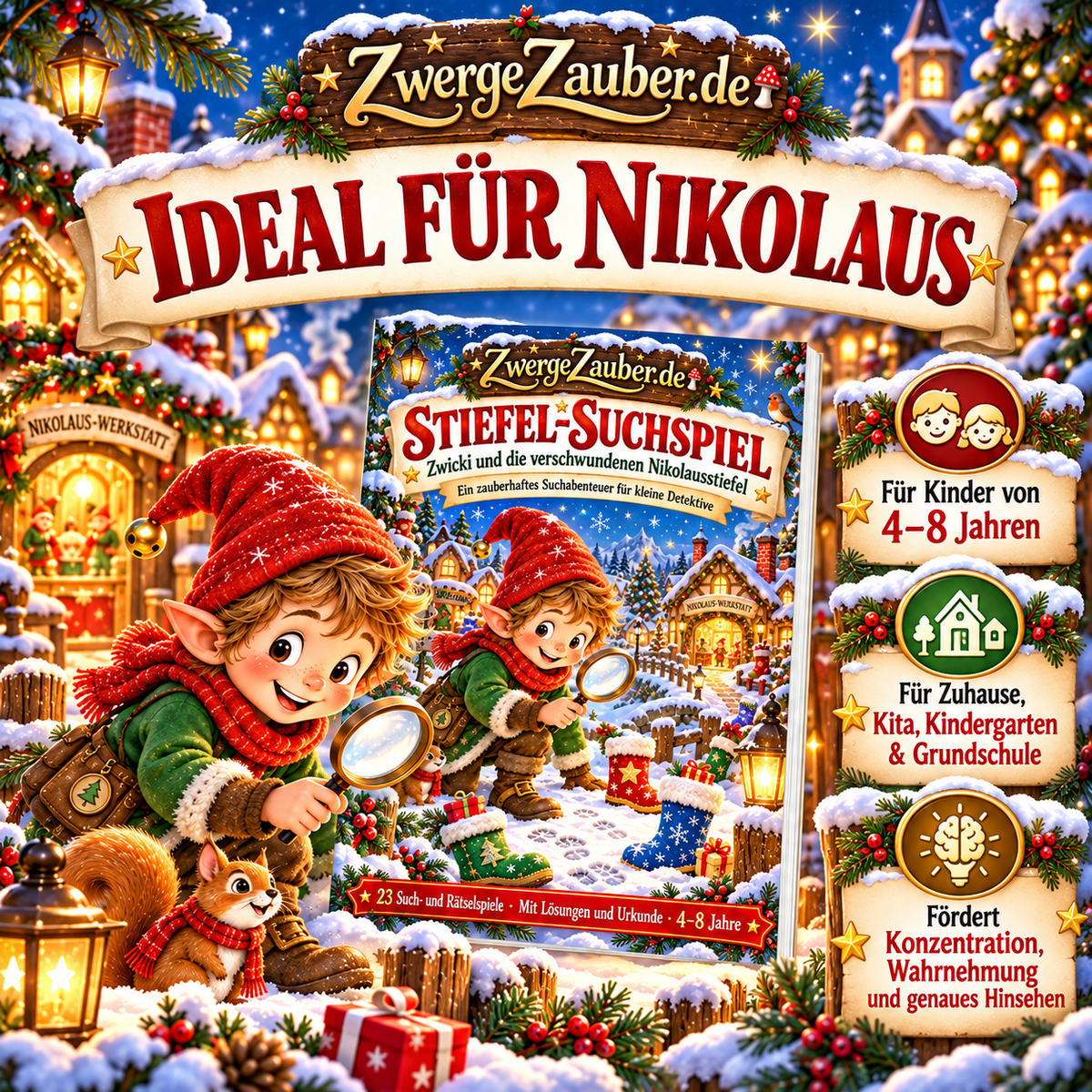 Nikolaus-Stiefel-Suchspiel für Kinder von 4 bis 8 Jahren – Beschäftigung für Zuhause, Kita und Grundschule zur Förderung der Konzentration.
