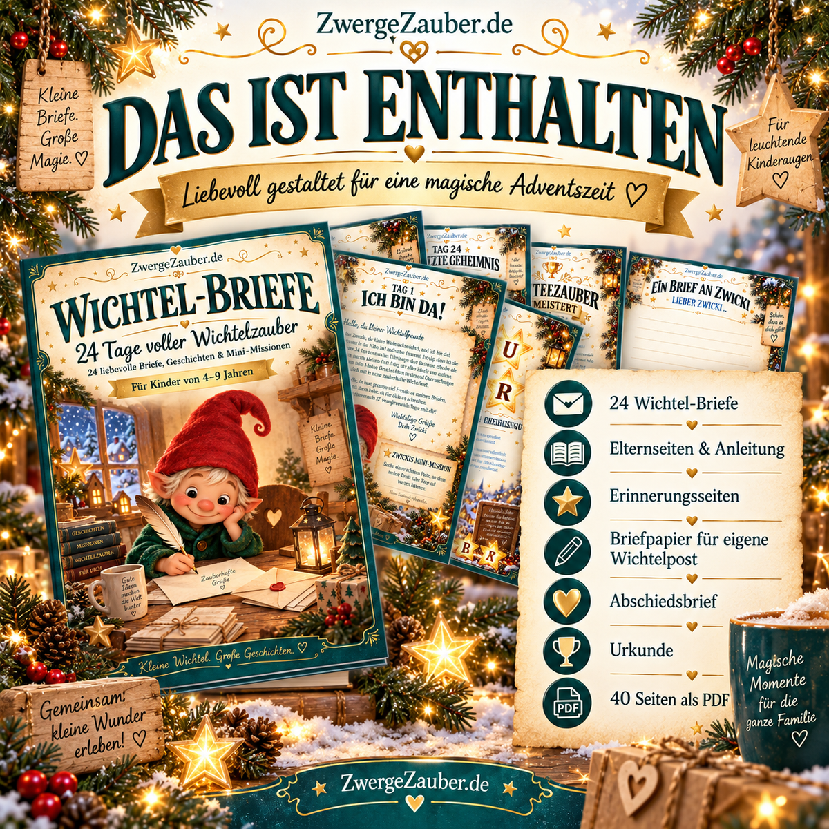 Inhalt der 40-seitigen Wichtel-Briefe als PDF: 24 Tagesbriefe von Zwicki, Elternanleitung, Erinnerungsseiten, Briefpapier, Abschiedsbrief und Urkunde.