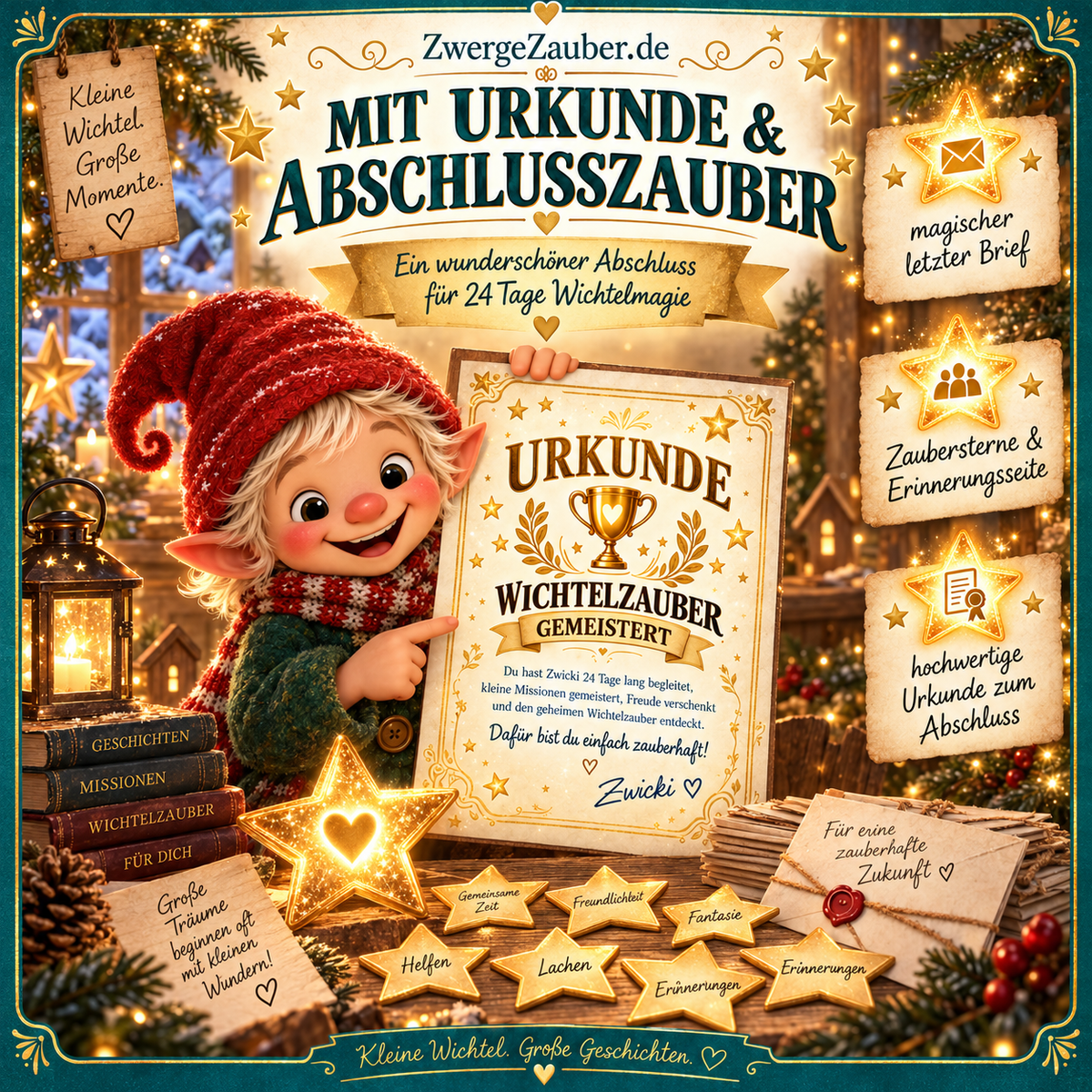 Zwickis Abschlussurkunde „Wichtelzauber gemeistert“ mit goldenen Sternen – liebevolle Erinnerung an 24 Tage voller Wichtelgeschichten und Adventsmagie.