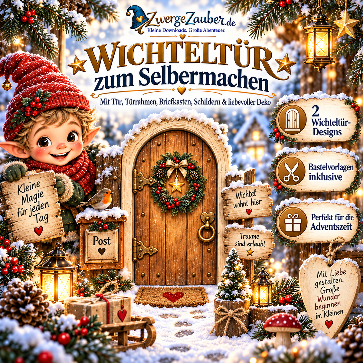 Wichteltür zum Selbermachen mit zwei druckbaren Tür-Designs, Türrahmen, Mini-Briefkasten, Schildern und weihnachtlichen Bastelvorlagen.