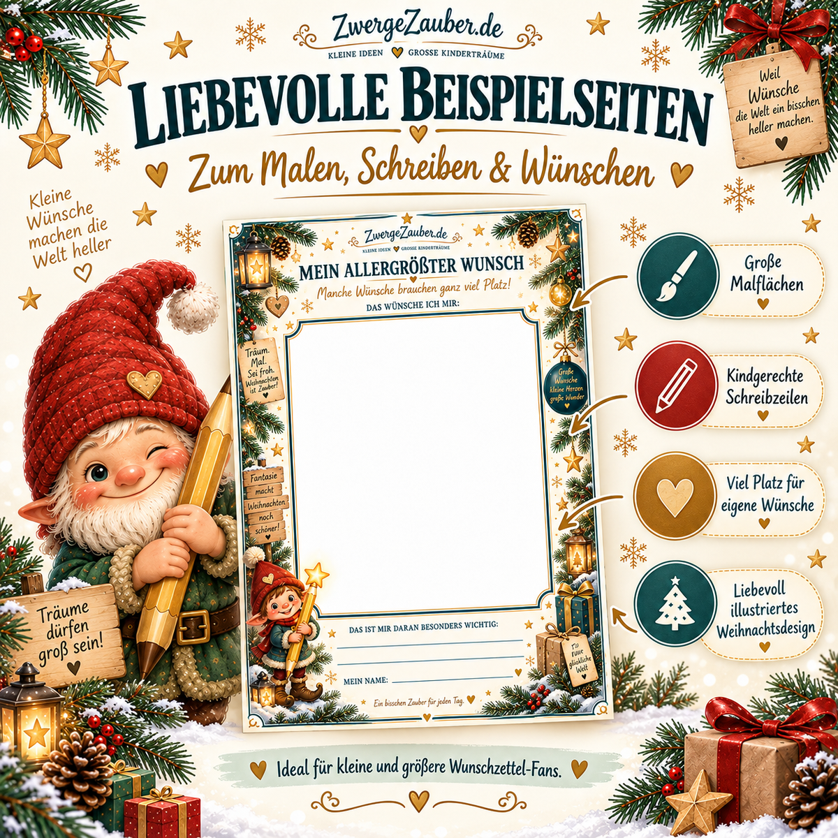 Beispielseite aus dem ZwergeZauber Wunschzettel-Set mit großer Malfläche, kindgerechten Schreibzeilen und weihnachtlicher Illustration.
