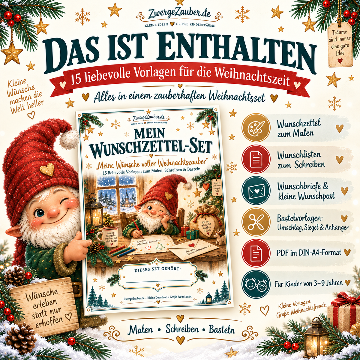 Übersicht des ZwergeZauber Wunschzettel-Sets mit 15 Vorlagen: Mal-Wunschzettel, Wunschlisten, Weihnachtsbriefe und Bastel-Extras.