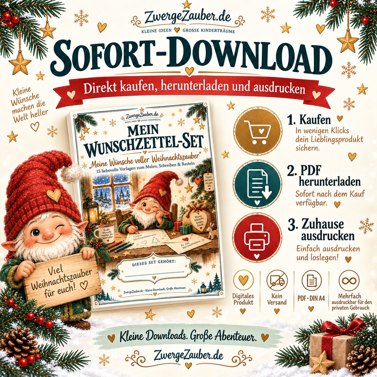 Digitales Wunschzettel-Set von ZwergeZauber als PDF zum sofortigen Herunterladen und Ausdrucken im DIN-A4-Format.