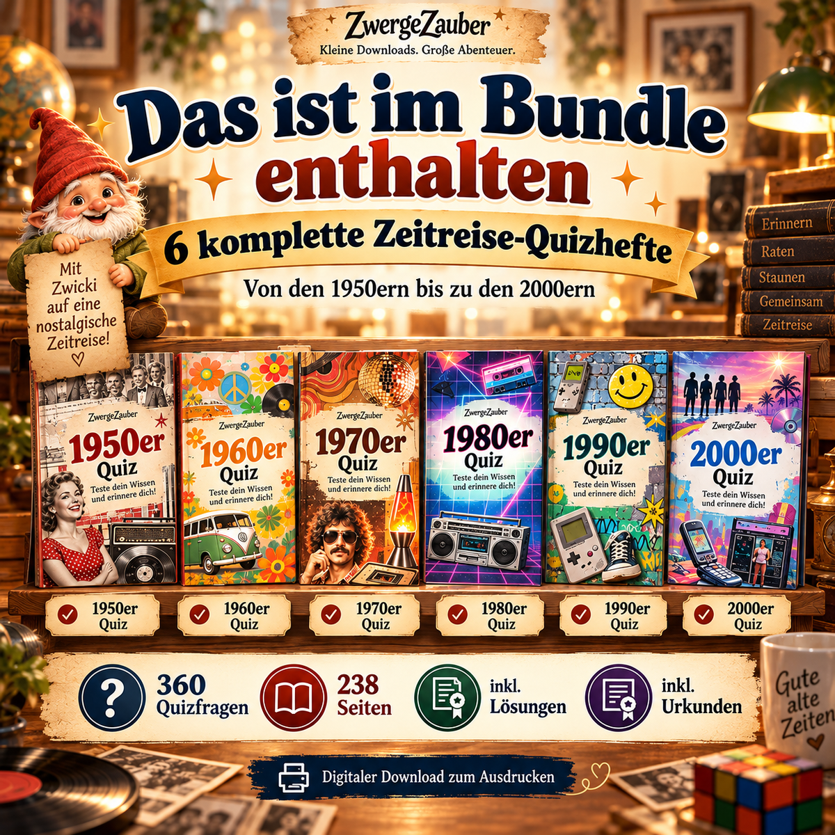 Inhalt des Zeitreise-Quiz XXL Bundles: sechs PDF-Quizhefte der 1950er bis 2000er mit insgesamt 360 Quizfragen auf 238 Seiten.