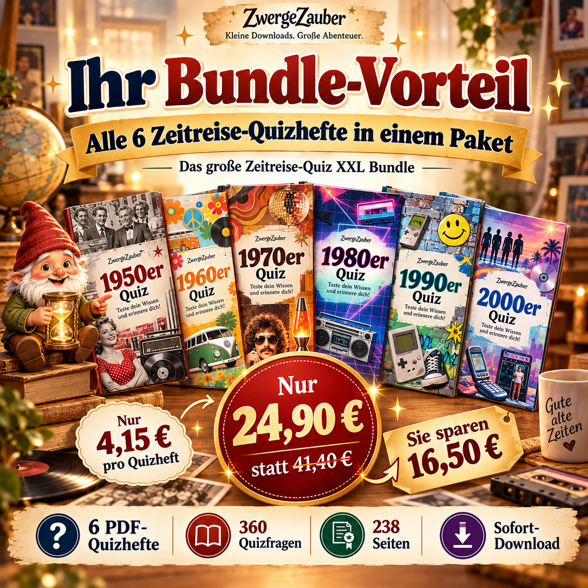 Preisvorteil beim ZwergeZauber Zeitreise-Quiz XXL Bundle: sechs Quizhefte für 24,90 Euro statt 41,40 Euro im Einzelkauf.